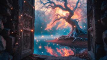 Magic Tree and Stone Door Open to Fantasy World photo