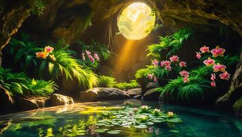 Cave Oasis with Water Lilies and Sunlight photo