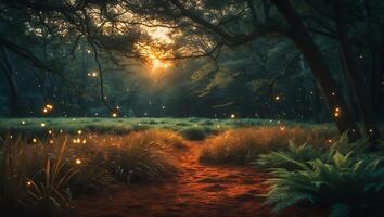Forest with Sunlight and Fireflies photo