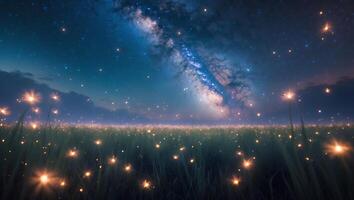 Starry Night Over Field with Fireflies photo