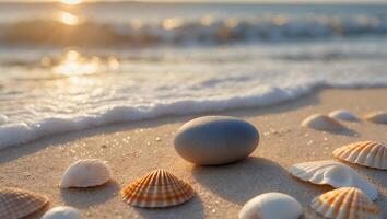 Seashells and Stone on Beach at Sunset photo