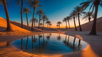 Desert Oasis with Palm Trees and Water Reflection photo