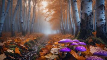 Purple Mushroom in Autumn Birch Forest photo