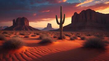 Desert Landscape with Cactus, Rock Formations, and Sunset photo