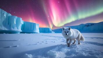 Arctic Fox in Snowy Landscape with Aurora Borealis photo