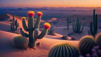 A desert scene with cactus plants and mountains photo