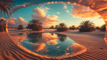 Palm Trees and a Pond at Sunset in the Desert Landscape photo