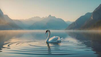 Swan Swimming on Lake with Mountains in Background photo
