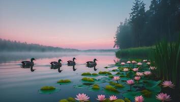Ducks Swimming on Lake with Water Lilies at Dawn photo