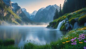 Lake Landscape with Mountain and Waterfall photo