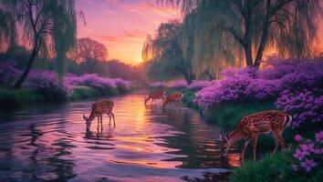 Deer Drinking Water in River at Sunset photo