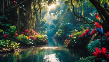 Jungle with Parrots Over River photo