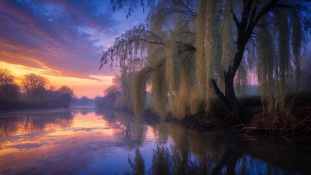 Willow Tree at Sunset River Reflection photo