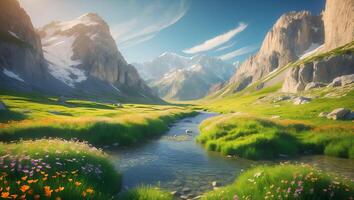 Mountain Valley with Stream and Wildflowers photo