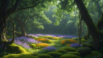 Forest Meadow with Purple and Orange Flowers photo