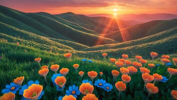 Flower Field at Sunset in Rolling Hills photo