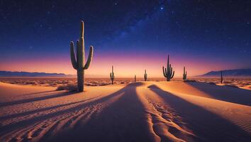 Desert landscape with cactus plants and stars photo