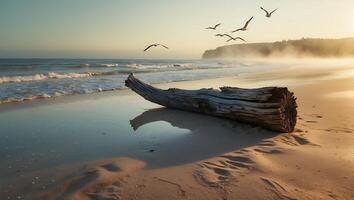 Driftwood on Beach with Birds, Ocean Waves, and Mist photo