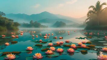 Lotus Flower in Pond with Fog and Mountain photo