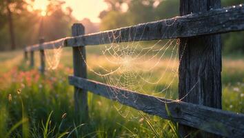 Dewy Spiderweb on Wooden Fence in Grassy Field at Sunrise photo