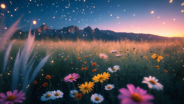 Flower Field at Dusk with Mountain Backdrop photo