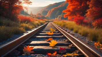 Autumn Leaves on Railroad Tracks Scenic Fall Landscape photo