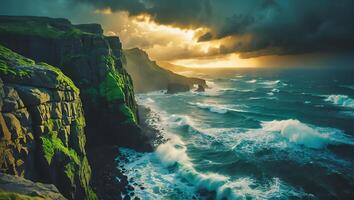 Ocean Waves Crashing on Rocky Cliff at Sunset photo