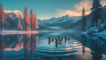 Ducks Swim on Winter Lake with Mountain View photo