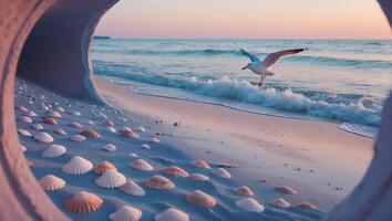 Seagull Flying Over Beach with Seashells at Sunset photo