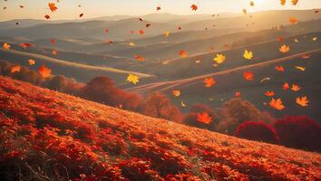 Autumn Leaves Falling Over Rolling Hills Landscape photo