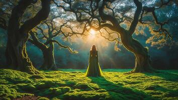 Woman in Green Dress Standing in Forest with Moss and Sunlight photo