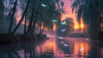Dragonfly Over River Sunset photo