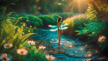 Woman with Dragonfly Wings in River Nature Scenery photo