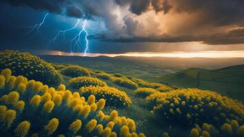 Landscape with Lightning and Yellow Flowers photo
