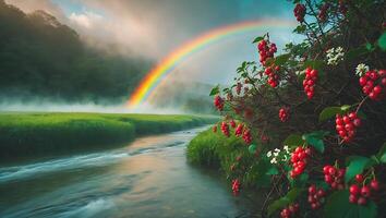 Rainbow Over River and Meadow with Berries photo
