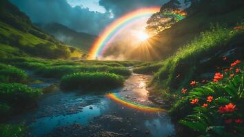 Rainbow Over Green Hills with Stream and Flowers photo