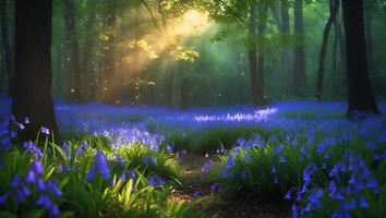 Bluebell Flowers in Forest Sunlight photo