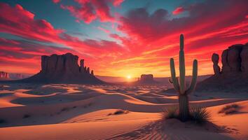 Desert Landscape with Cactus and Red Sunset photo