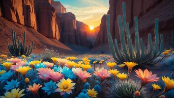 Desert Landscape with Cactus and Wildflowers at Sunset photo