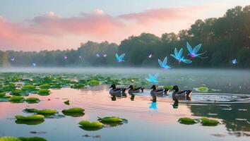 Ducks Swim Lake Lily Pads Butterflies Dawn photo