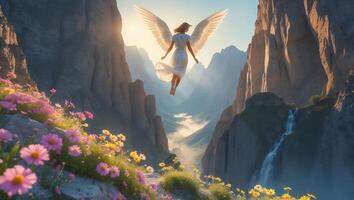 Angel Flying Over Mountain Landscape with Flowers photo