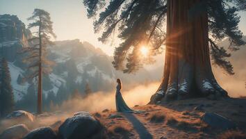 Woman Under Giant Tree at Sunset photo