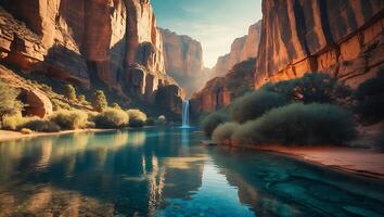 Canyon Waterfall Scene with Calm Blue River photo