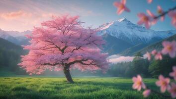 Cherry Blossom Tree in Mountain Landscape photo
