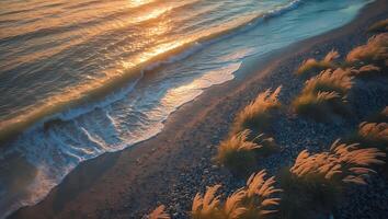 Ocean Waves Crashing on Sandy Beach with Dune Grass at Sunset photo