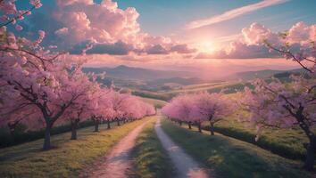 Pink Blooming Tree Lined Path at Sunset photo