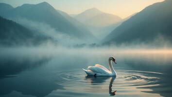 Swan on Misty Lake with Mountain Backdrop photo