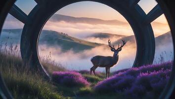 Deer on Hillside Surrounded by Purple Flowers photo