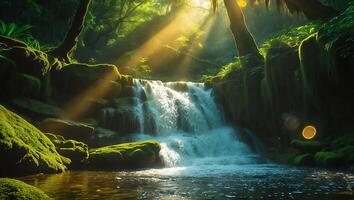 Waterfall in Mossy Forest with Sunlight photo