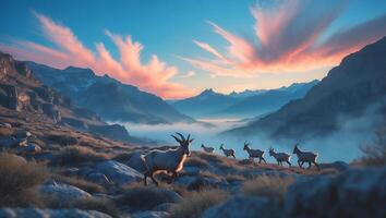 Mountain Goat Herd in Alpine Landscape at Sunset photo